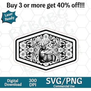 May include: A black and white digital design of a deer with antlers, surrounded by floral patterns, within a geometric frame. Includes text: "Laser Ready", "Digital Download", "SVG/PNG Commercial Use".
