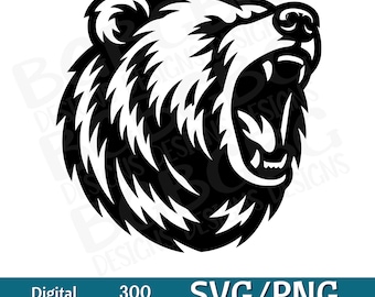 May include: Black and white illustration of a bear's head with its mouth open in a roar. The bear's fur is stylized with sharp lines and the image is set against a white background.