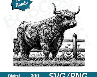 Vaca de las Tierras Altas en la cerca SVG, Vaca de las Tierras Altas SVG, Cabeza de Vaca SVG, Cara de Vaca png, gráfico vectorial, grabador láser, cnc, Clip art