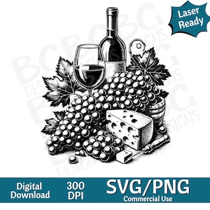 Wijn en kaas SVG PNG, vectorafbeelding, lasergraveur, cnc, illustraties, laserklaar, snijplanken, gepersonaliseerde geschenken