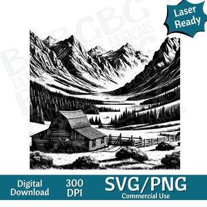 May include: Black and white illustration of a cabin in a mountain valley. The cabin has a wooden exterior and a gabled roof. The valley is surrounded by snow-capped mountains and a lake.