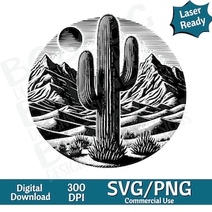 Cactus in woestijn SVG PNG, oude westen, woestijn, vectorafbeelding, gesneden print, cnc, digitale bestanden, illustraties, silhouet, laser klaar ontwerp
