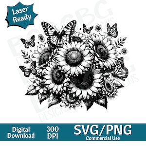 Farfalle e girasole primavera SVG PNG, grafica vettoriale, incisore laser, cnc, Clip art, pronto per il laser, taglieri, regalo personalizzato