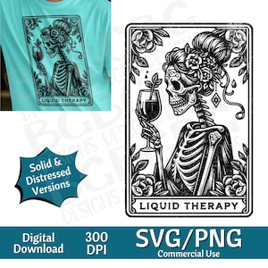 Carta de Tarot de Terapia Líquida SVG PNG, Amante de las Bebidas, Bebida, Mascotas, Diseño de Sublimación, Esqueleto, Sarcástico, Carta de Tarot Svg, Grabado láser