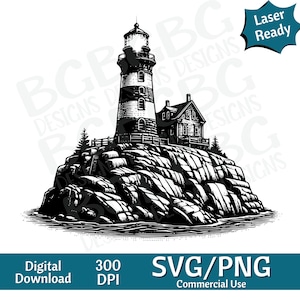 Light House on Rock Point SVG PNG, gráfico vectorial, grabador láser, cnc, Clip art, listo para láser, tablas de cortar, regalos personalizados