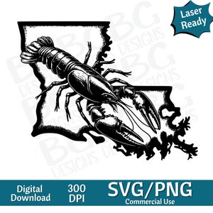 May include: Black and white silhouette of a crawfish on top of the outline of the state of Louisiana.