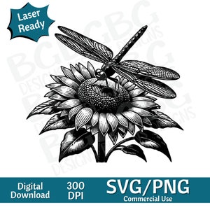 Libélula e girassol SVG PNG, gráfico vetorial, gravador a laser, cnc, clip art, pronto para laser, tábuas de corte, presentes personalizados