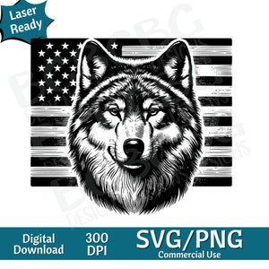 May include: Black and white illustration of a wolf's head with a distressed American flag behind it.  The image is suitable for use as a digital download for crafting projects.