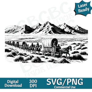 Wagon Train SVG PNG, Viejo Oeste, Desierto, gráfico vectorial, impresión cortada, cnc, archivos digitales, Clip Art, silueta, diseño listo para láser