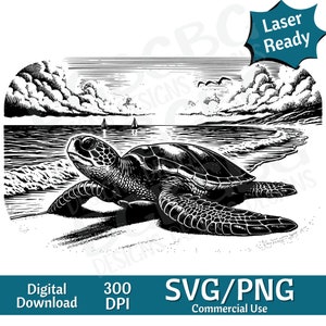 Zeeschildpad op strand SVG PNG, Oceaan SVG vectorafbeelding, lasergraveur, CNC, illustraties, laser klaar, snijplanken, gepersonaliseerde geschenken