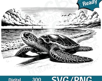 May include: Black and white illustration of a sea turtle on a sandy beach with ocean waves, sailboats, and clouds in the background. The image is labeled "Laser Ready", "Digital Download", "300 DPI", and "SVG/PNG Commercial Use".