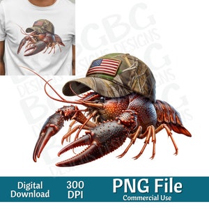 May include: A red crawfish wearing a camouflage baseball cap with an American flag patch. The crawfish is on a white background.