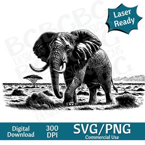 Olifant Afrikaanse vlakten SVG PNG, vectorafbeelding, lasergraveur, cnc, illustraties, laser klaar, snijplanken, gepersonaliseerde geschenken