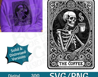 May include: A black and white illustration of a skeleton holding a cup of coffee. The image is in a vintage style with a decorative frame and the text "The Coffee".