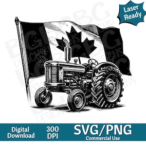 Trator com bandeira canadense, agricultura, SVG PNG, gráfico vetorial, gravador a laser, cnc, clip art, pronto para laser, tábuas de corte, personalizado