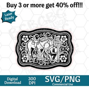 May include: Black and white western-themed SVG/PNG design. The design features a horse, a kneeling cowboy, and a cross, all within a decorative floral border. The text "Buy 3 or more get 40% off!!!" is at the top. The design is laser-ready and available for digital download.