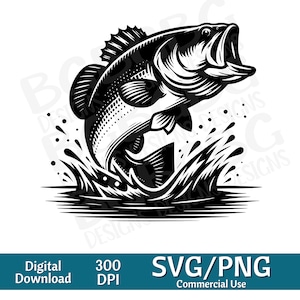May include: Black and white illustration of a largemouth bass jumping out of the water. The fish is depicted in a realistic style with detailed scales and fins. The water is shown as a series of waves and splashes.