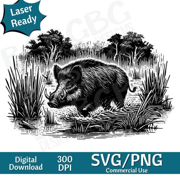 Wild Boar in Swamp SVG, Pig Clipart, Hog svg, Hunting svg, Hog clipart, Swine svg, vector graphic, laser engraver, cnc, Clip art,