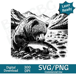 Grizzly eating a salmon SVG PNG, vector graphic, laser engraver, cnc, Clip art, laser ready, cutting boards,  Personalized Gifts