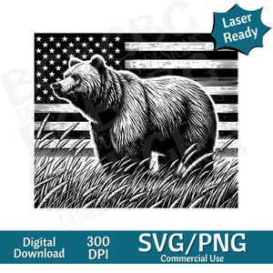 Grizzly with flag background SVG PNG, vector graphic, laser engraver, cnc, Clip art, laser ready, cutting boards,  Personalized Gifts