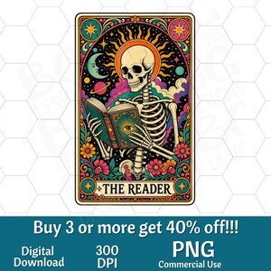 Carta de Tarot para Lectores PNG, Diseño de Calavera para Amante de los Libros (Descarga Digital)