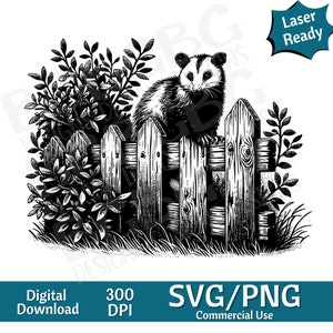 Zarigüeya en la cerca SVG PNG, Vida agrícola, condado, gráfico vectorial, grabador láser, cnc, Clip art, listo para láser, tablas de cortar, Regalos personalizados