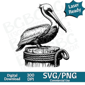 Pelikan auf Dock Stapel SVG PNG, Vektorgrafik, Lasergravur, cnc, Clip Art, Laser bereit, Schneidebretter, personalisierte Geschenke