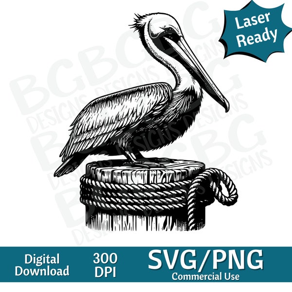 Pelican on Dock Piling SVG PNG, vector graphic, laser engraver, cnc, Clip art, laser ready, cutting boards,  Personalized Gifts