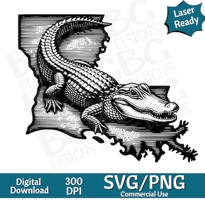 May include: Black and white illustration of an alligator in front of the outline of the state of Louisiana. The alligator is facing right and has its mouth open. The image is in a vintage style.