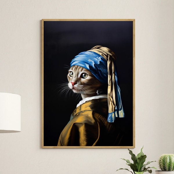 Cat with a Pearl Earring Print, Animal Art Poster, Funny Wall Decor Gift, Cat Lover's Present, Altered Art, Home Decor, Unique Artwork Print