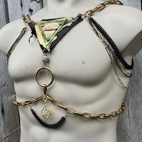 Stegodon Bone Herkimer Diamond Black and Gold Cage Chain Harness