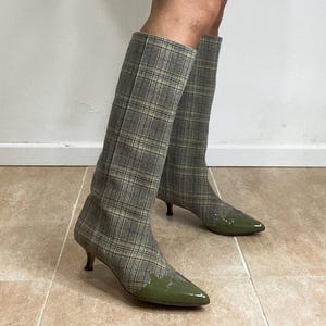Tibi “Evin” plaid patent-toe boots