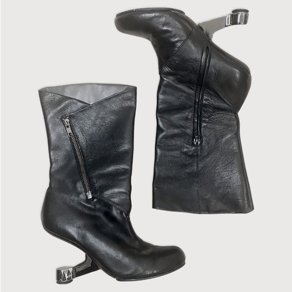 か*い様 archive black leather heel boots Archive Eamz Heel Mid Calf Leather Boots - Etsy