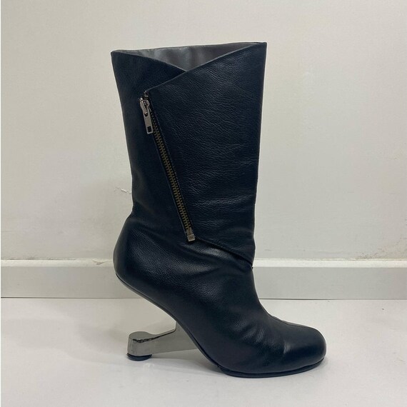 か*い様 archive black leather heel boots Archive Eamz Heel Mid Calf Leather Boots - Etsy