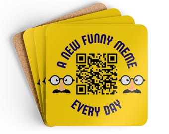 A New Funny Meme Every Day Cork Coaster Set | QR Code Mustache Face