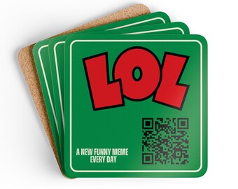 Funny LOL Meme QR Code coasters Corkwood Coaster Set | meme coaster, green graphic