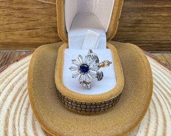 Bague rotative marguerite bleue et petite abeille, cristaux de zircon, bague anti-anxiété, bague TDAH, bague anti-stress, bague réglable, cadeau Saint-Valentin