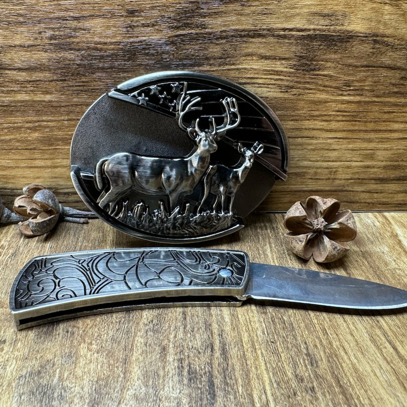 Twin Deer Dream Knife Belt Buckle,self defense belt,forged stainless steel, gift for him, belt buckle blade, metal belt buckle, jeans belt image 2