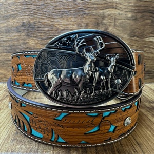 Twin Deer Dream Knife Belt Buckle,self defense belt,forged stainless steel, gift for him, belt buckle blade, metal belt buckle, jeans belt Buckle+Turquoisebelt