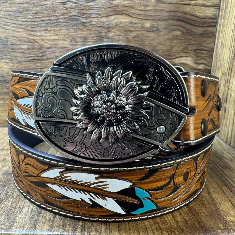 Sunflower knife belt buckle,self defense belt,forged stainless steel, gift for him, belt buckle blade, metal belt buckle, jeans belt Buckle+Feather belt