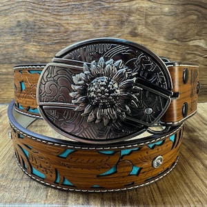 Boucle de ceinture de couteau tournesol, ceinture d'autodéfense, acier inoxydable forgé, cadeau pour lui, lame de boucle de ceinture, boucle de ceinture en métal, ceinture de jeans Buckle+Turquoisebelt