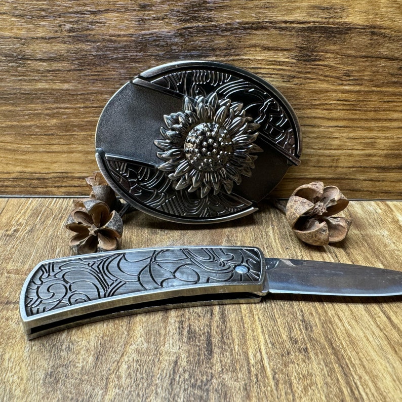 Sunflower knife belt buckle,self defense belt,forged stainless steel, gift for him, belt buckle blade, metal belt buckle, jeans belt image 2