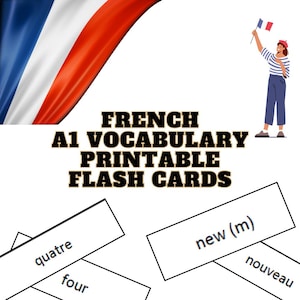 Cartões de vocabulário francês A1 para impressão | Ferramentas de estudo de francês para iniciantes | Cartões de vocabulário essenciais em francês para alunos de nível A1