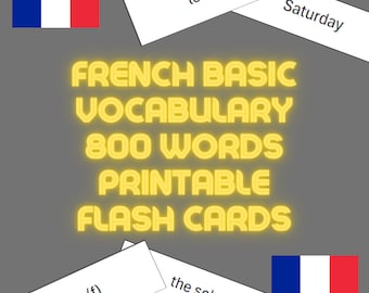 May include: Printable French vocabulary flashcards with the words "le samedi" and "Saturday" on one card and "l'école (f)" and "the school" on another card. The cards are white with black text. The background is grey with a French flag on each side.