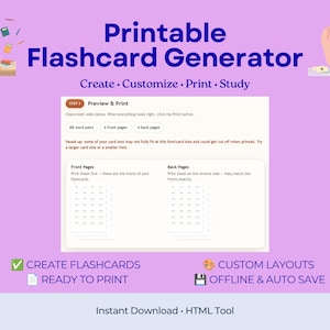 May include: A digital interface for a Printable Flashcard Generator on a light purple background. The screen displays a Preview & Print section with options for 88 word pairs, 4 front pages, and 4 back pages, alongside text instructions.
