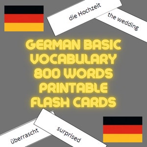 Könnte beinhalten: Druckbare deutsche Lernkarten mit gelbem Text auf grauem Hintergrund. Die Karten zeigen grundlegende deutsche Vokabeln und ihre englischen Übersetzungen. Der Text auf den Karten lautet "German Basic Vocabulary 800 Words Printable Flash Cards", "die Hochzeit", "the wedding", "überrascht", "surprised".
