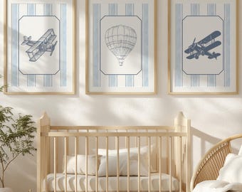 Vintage Airplane & Hot Air Balloon Nursery Prints 3-Set, Nursery Airplane, Airplane Nursery, Baby Boy Nursery, Blue Striped Nursery Decor