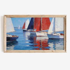 New England Coastal Boat Art | Nautical Sailboat Painting | Harbor Scene Wall Art | Cape Cod Coastal Decor | Frame TV Art Download