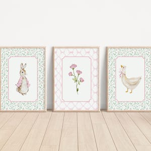 3-Set Peter Rabbit Silly Goose Print, Farm Nursery Decor, Vintage Nursery, Beatrix Potter, Peter Rabbit Prints, Pink Girl Nursery Decor