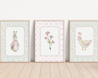 3-Set Peter Rabbit Silly Goose Print, Farm Nursery Decor, Vintage Nursery, Beatrix Potter, Peter Rabbit Prints, Pink Girl Nursery Decor